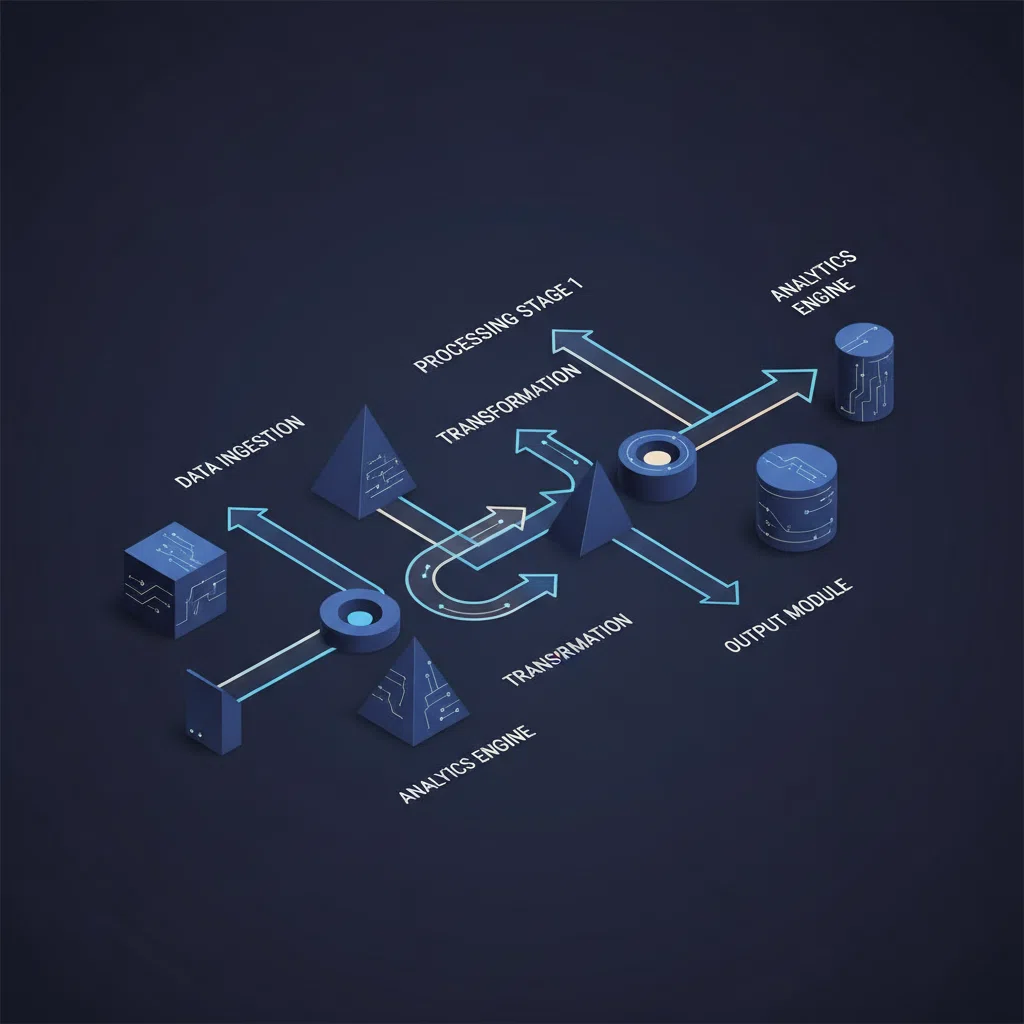 Ilustração isométrica de pipeline de dados representando fluxo de algoritmo financeiro - fins educacionais