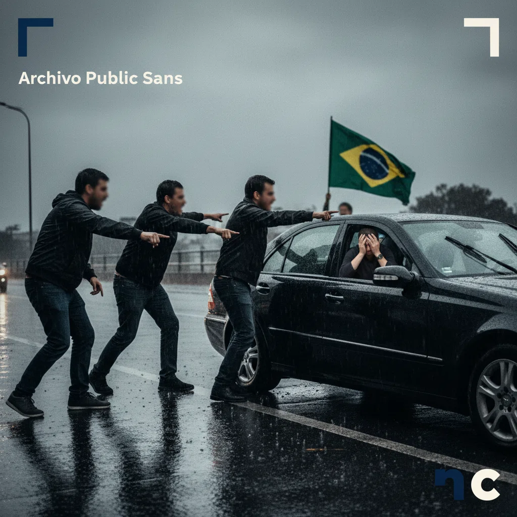 Cena jornalística urbana sob chuva com bandeira brasileira ao fundo - contexto de análise de informação e verificação de dados